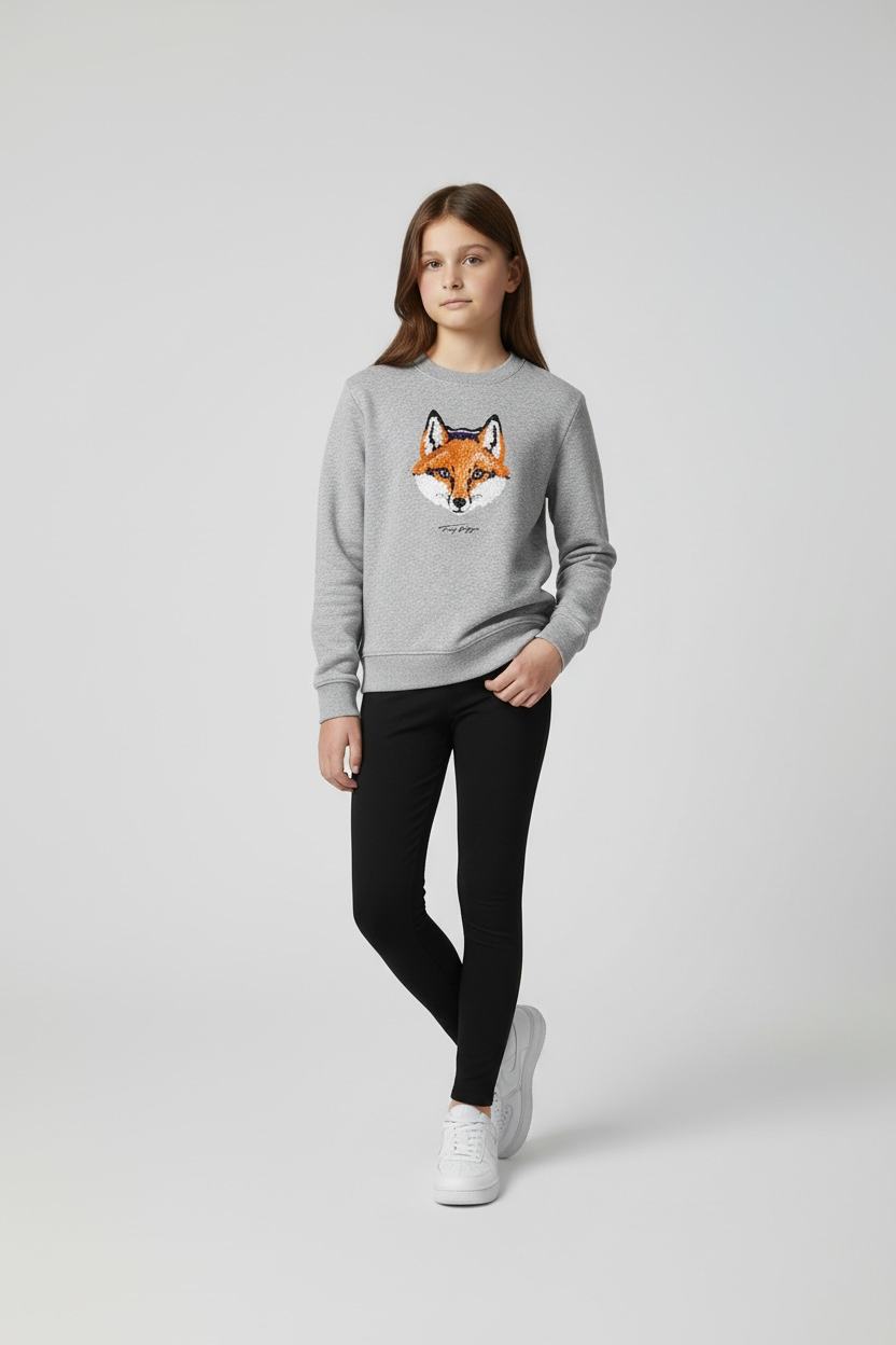 Pulover Copii Tommy Hilfiger Gri - Aplicație Vulpe Texturată și Logo