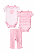 Set 3 piese Bebe fete DKNY Jeans - 2 body-uri si pantaloni tip raiat roz