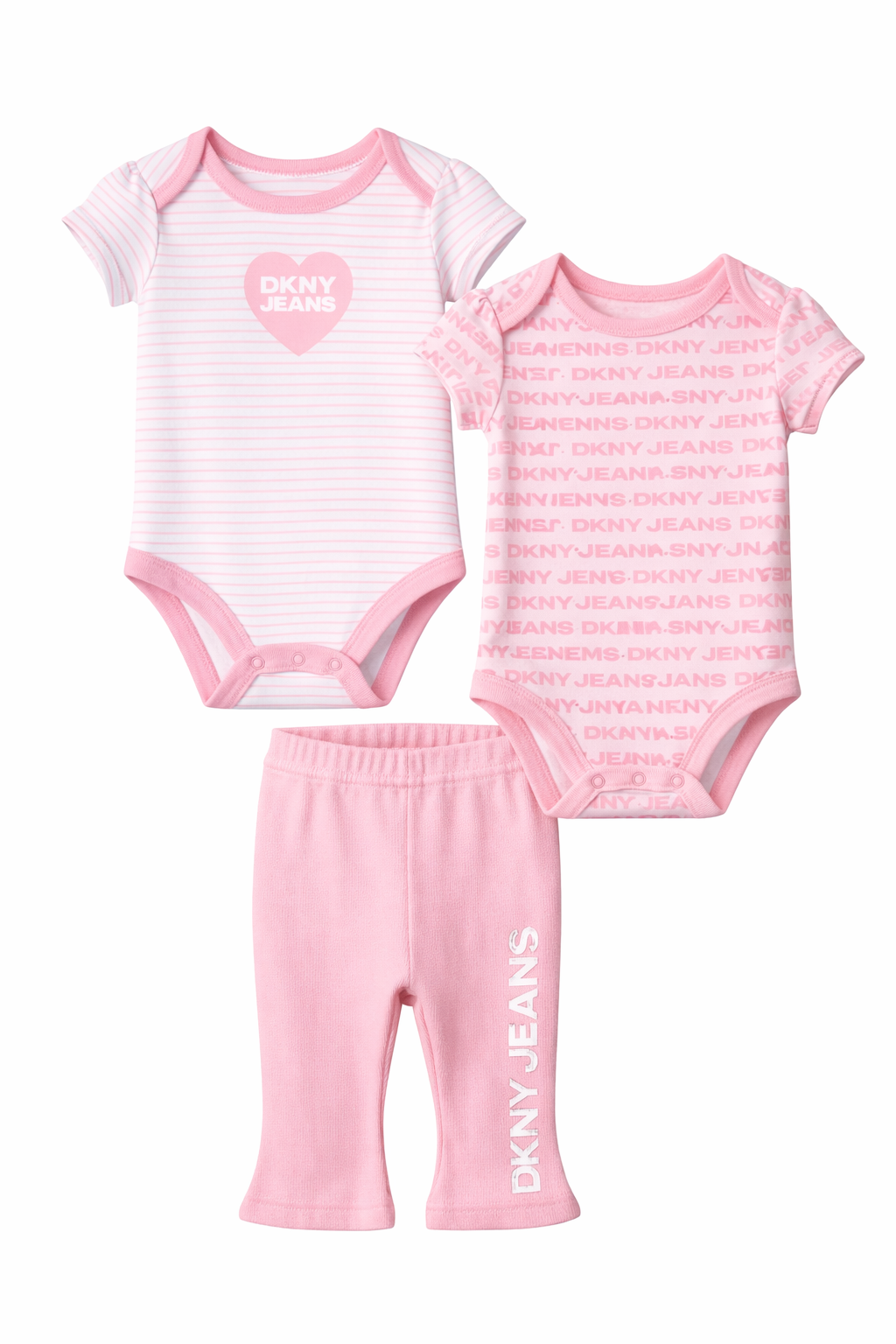 Set 3 piese Bebe fete DKNY Jeans - 2 body-uri si pantaloni tip raiat roz