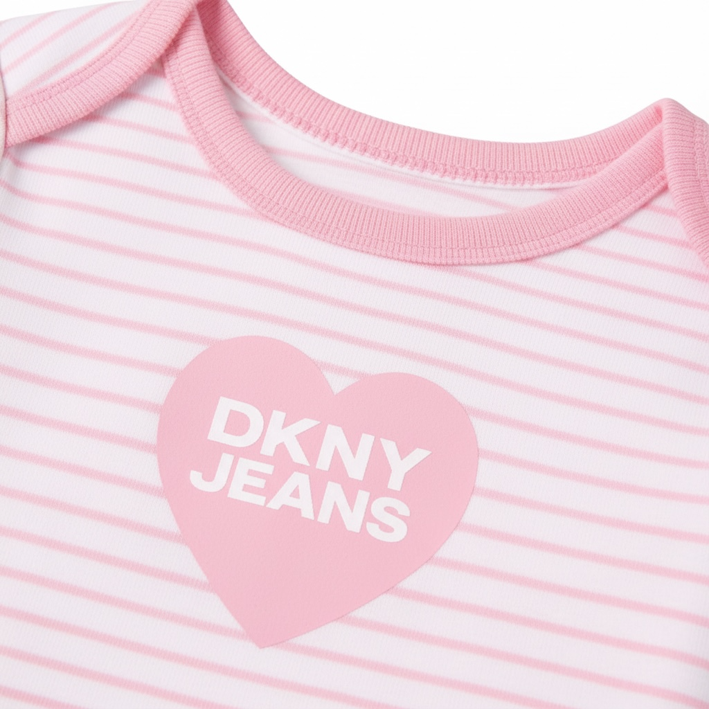 Set 3 piese Bebe fete DKNY Jeans - 2 body-uri si pantaloni tip raiat roz