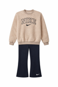 Set Nike Kids - Bluză Teddy Oversized și Pantaloni Evazați, Bej/Negru