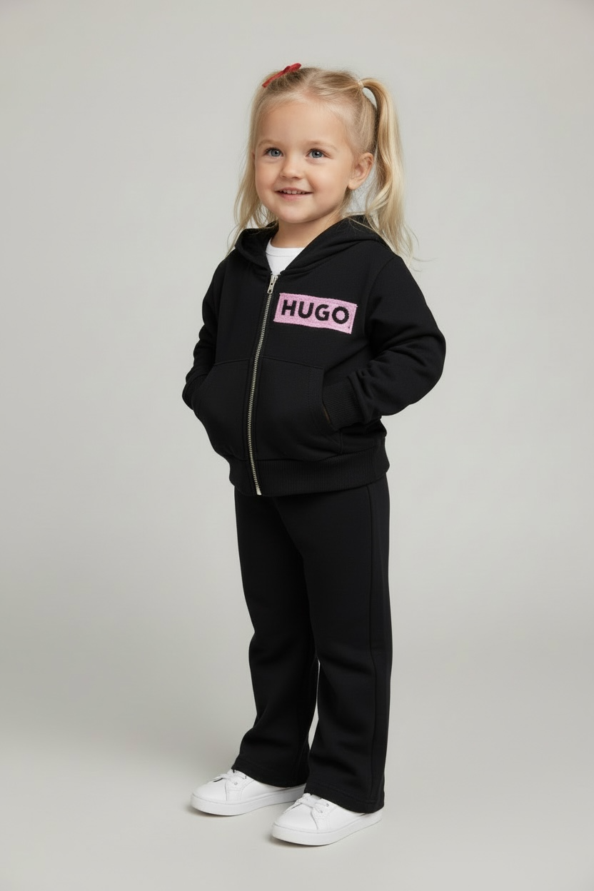 Hanorac HUGO Kids cu Fermoar și Glugă, Negru, Logo Roz Label