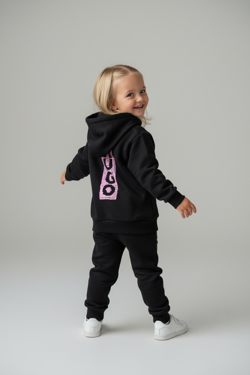 Hanorac HUGO Kids cu Fermoar și Glugă, Negru, Logo Roz Label