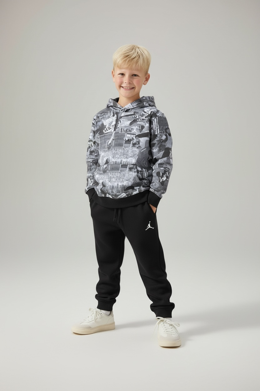 Set Trening Băieți Jordan – Negru cu Hanorac Print Grafic