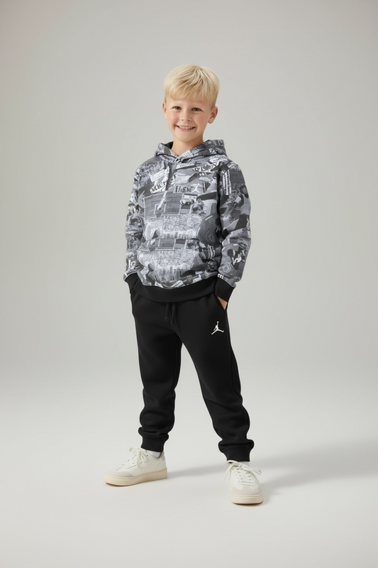 Set Trening Băieți Jordan – Negru cu Hanorac Print Grafic