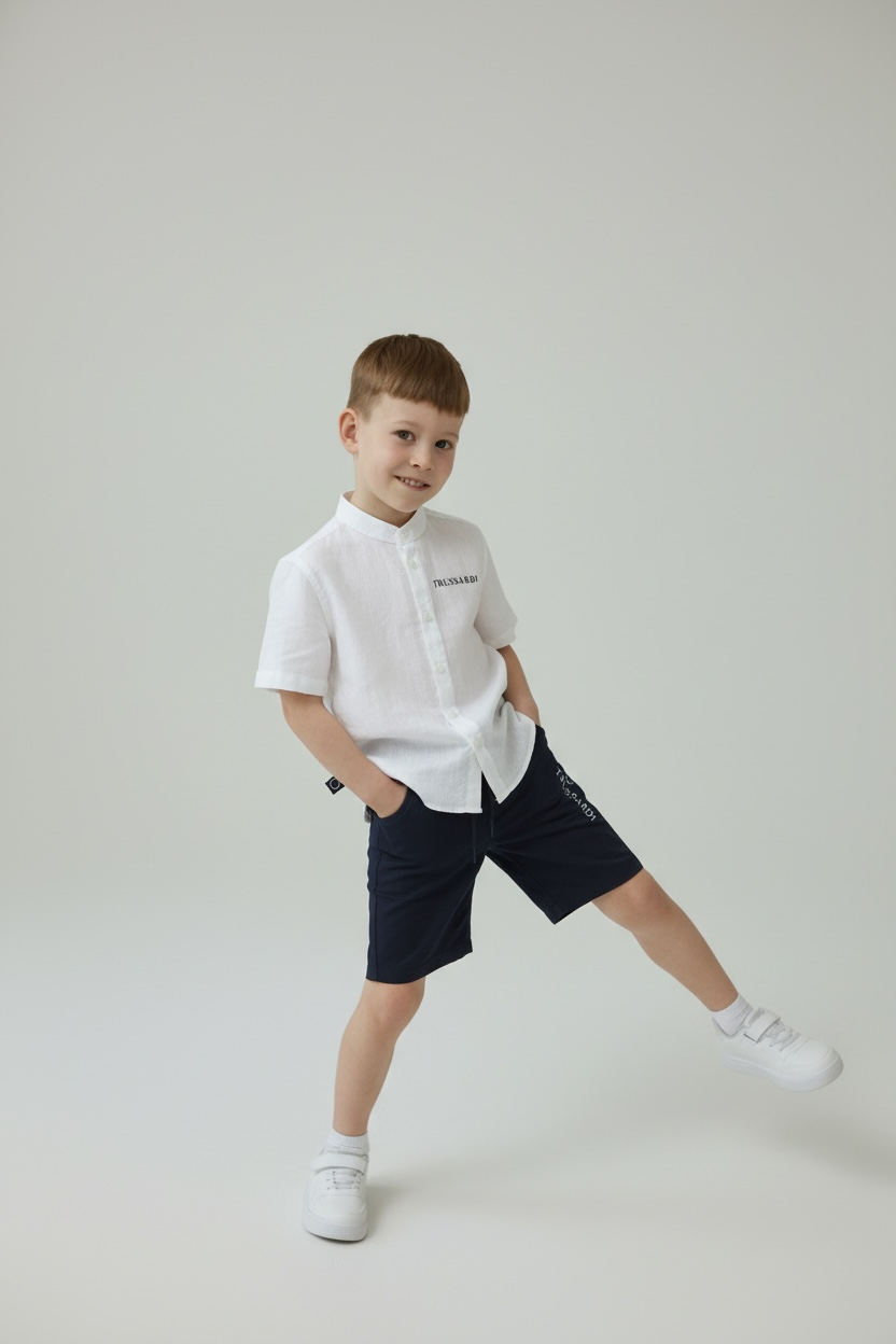 Set Elegant Copii Trussardi Junior – Cămașă Albă și Pantaloni Bleumarin