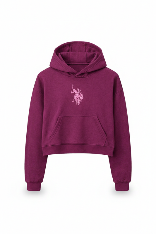Hanorac Fete U.S. Polo Assn. Bordo – Design Modern cu Glugă și Logo Roz Brodat