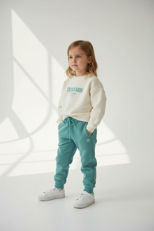 Set Trening Fete Trussardi Milano – Hanorac Crem și Pantaloni Turcoaz, Mix Bumbac Premium