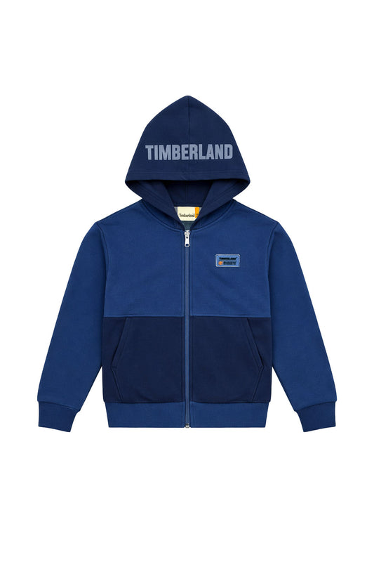 Hanorac Băieți Timberland – Albastru Dual-Tone, Fermoar și Glugă, Logo Printat
