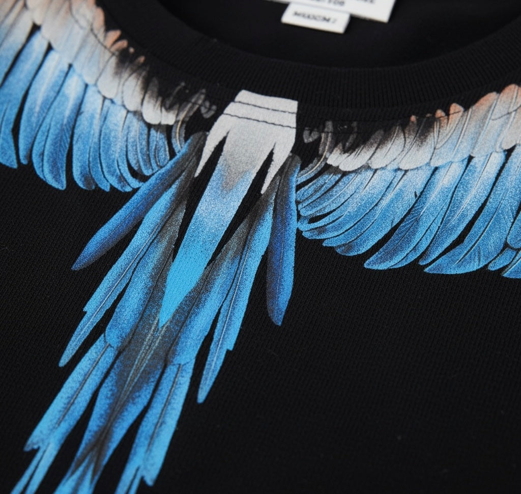 Tricou Marcelo Burlon Kids, Negru – Imprimeu Iconic Aripi Albastre