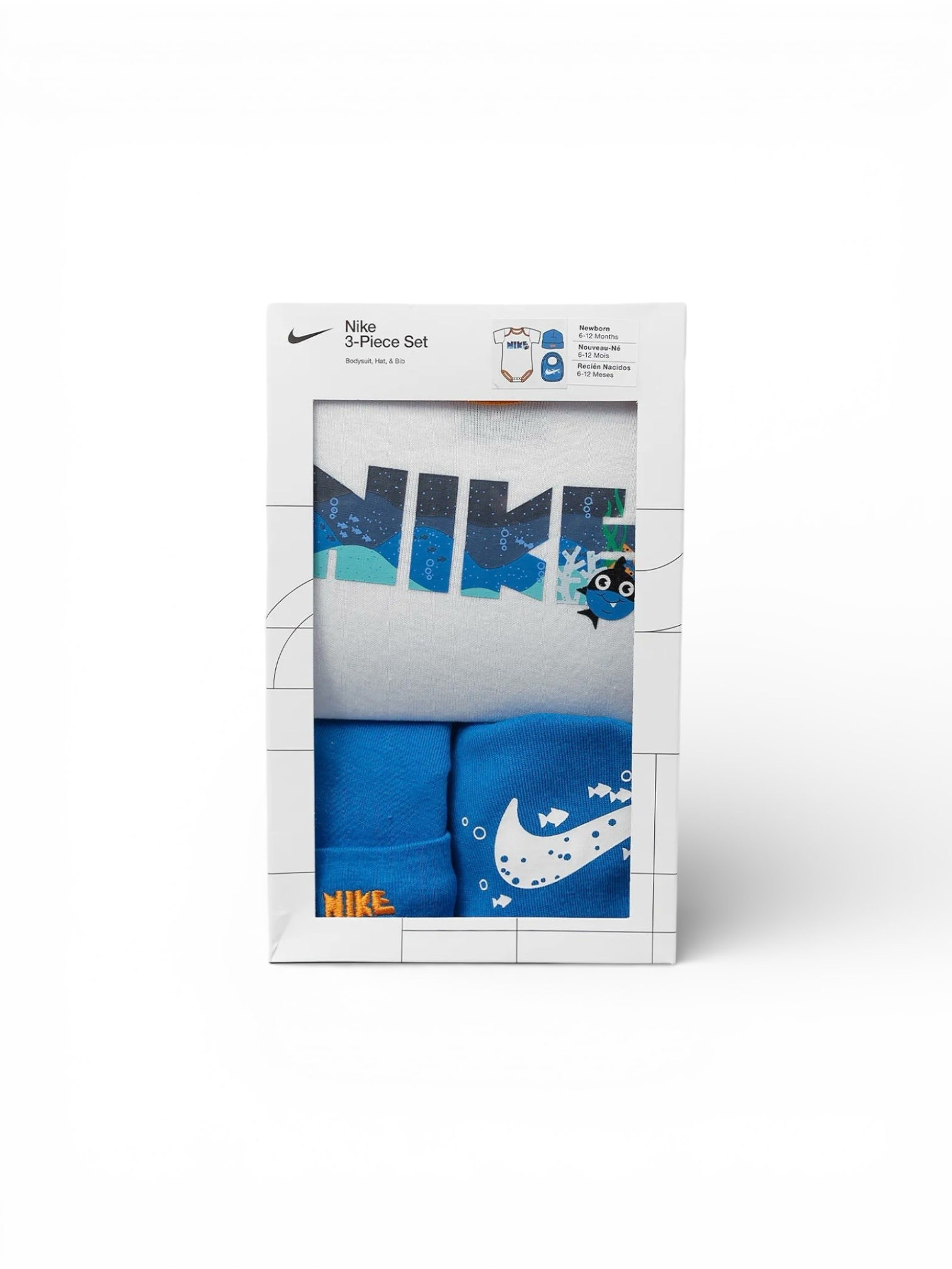 Set 3 Piese Nike Bebeluși, Alb/Albastru – Body cu Logo Grafic, Bavețică și Căciulă asortată