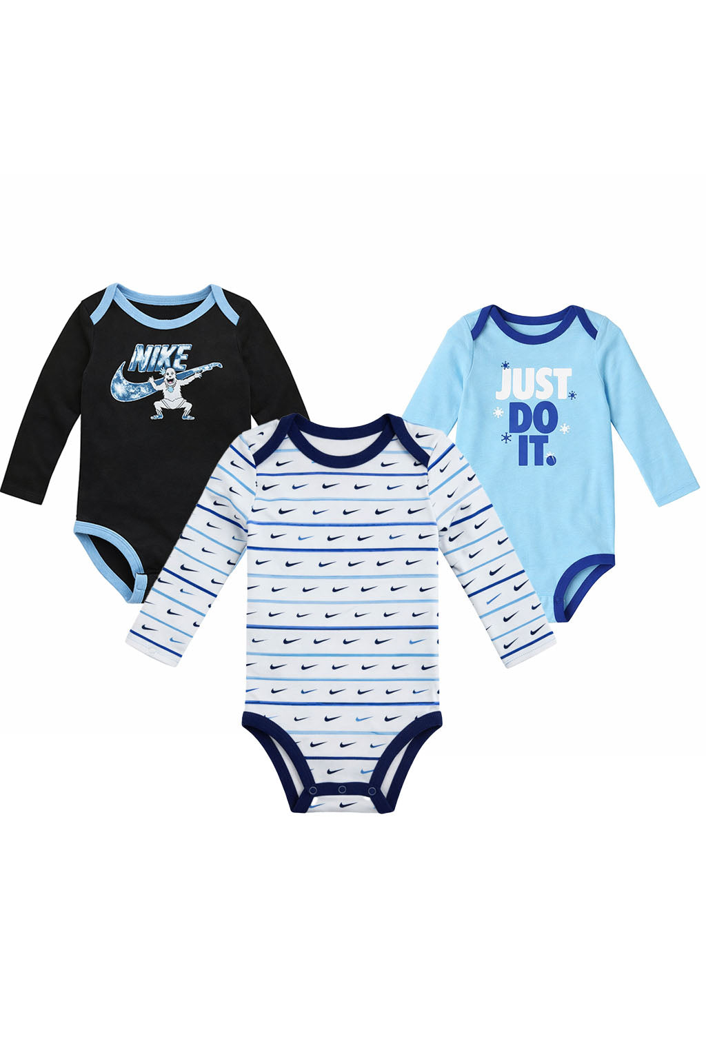 Set 3 Body-uri Nike Bebeluși, Mânecă Lungă – Bumbac, Design Sportiv Alb/Negru/Albastru