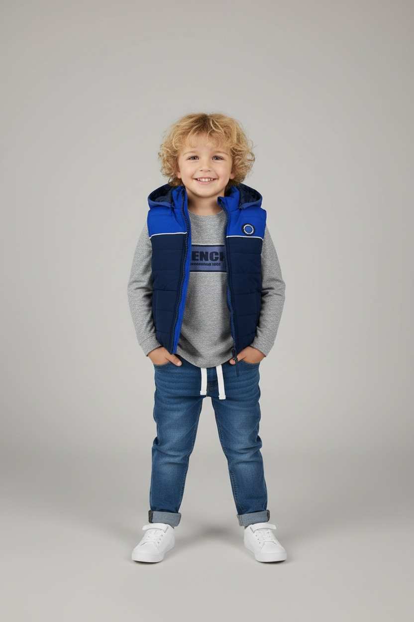Set 3 Piese Bench Copii – Vestă Matlasată Albastră, Bluză și Blugi
