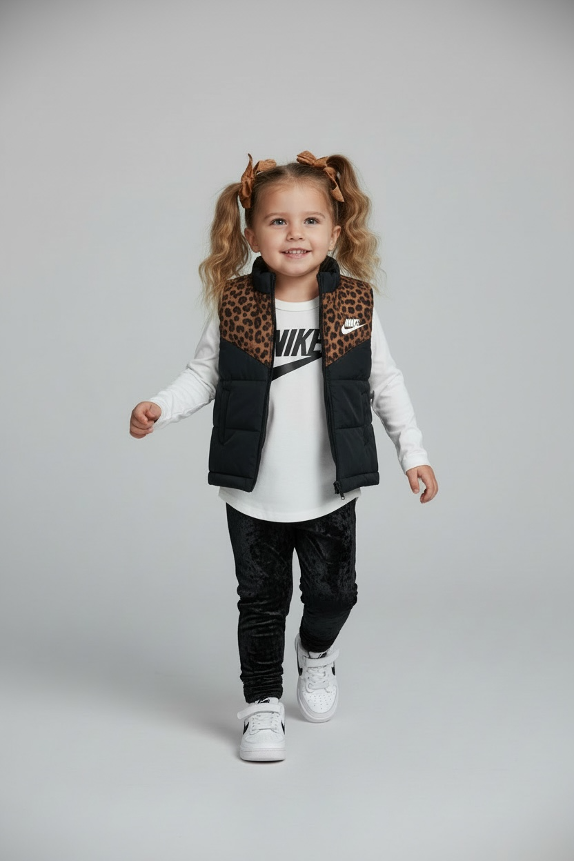 Set 3 Piese Nike Fetițe – Vestă Matlasată Leopard Print, Bluză Albă și Pantaloni Velvet