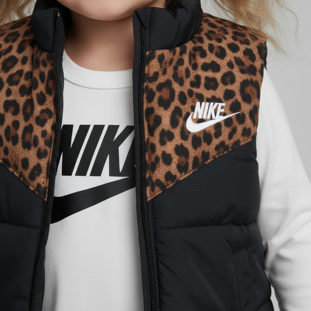 Set 3 Piese Nike Fetițe – Vestă Matlasată Leopard Print, Bluză Albă și Pantaloni Velvet