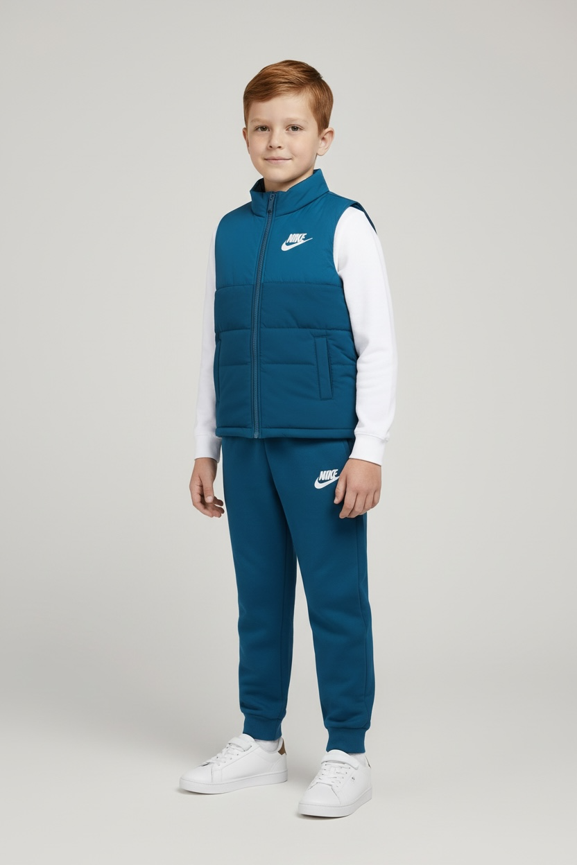 Set 3 Piese Nike Băieți – Vestă Matlasată Albastru Teal, Bluză Albă și Pantaloni Trening