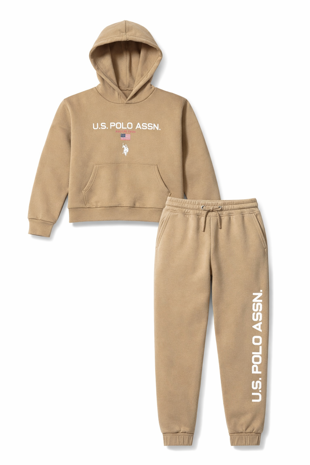 Set Trening Copii U.S. Polo Assn. – Hanorac cu Glugă și Pantaloni, Bej Camel