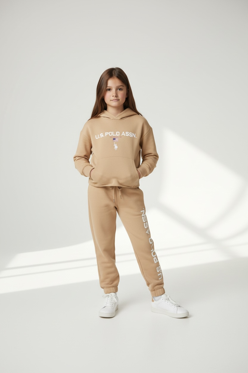 Set Trening Copii U.S. Polo Assn. – Hanorac cu Glugă și Pantaloni, Bej Camel