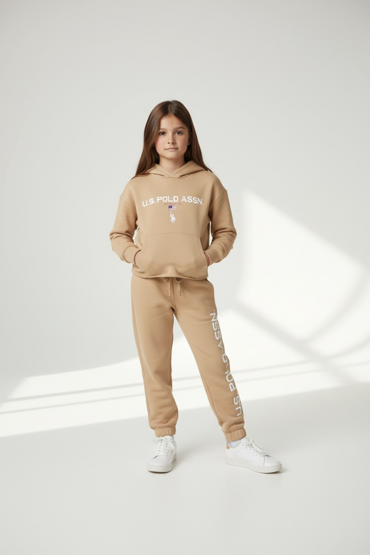 Set Trening Copii U.S. Polo Assn. – Hanorac cu Glugă și Pantaloni, Bej Camel