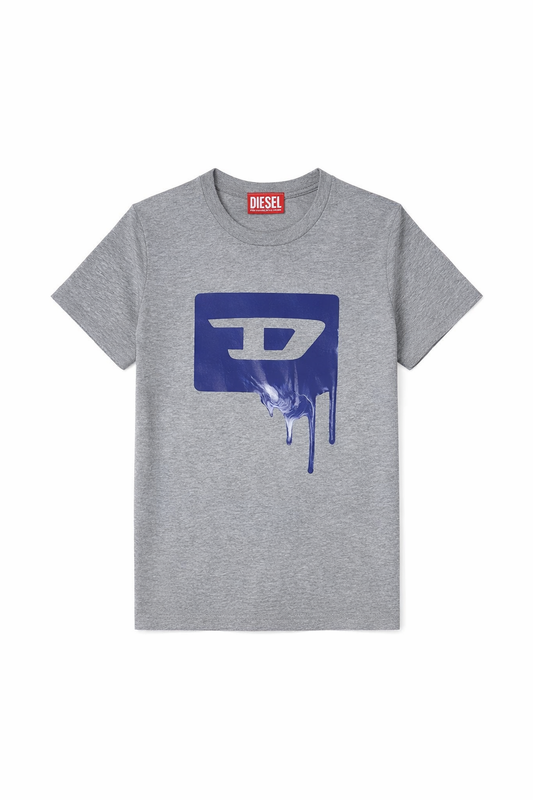 Tricou Băieți Diesel Gri Melanj cu Logo "D" Albastru în Stil Graffiti