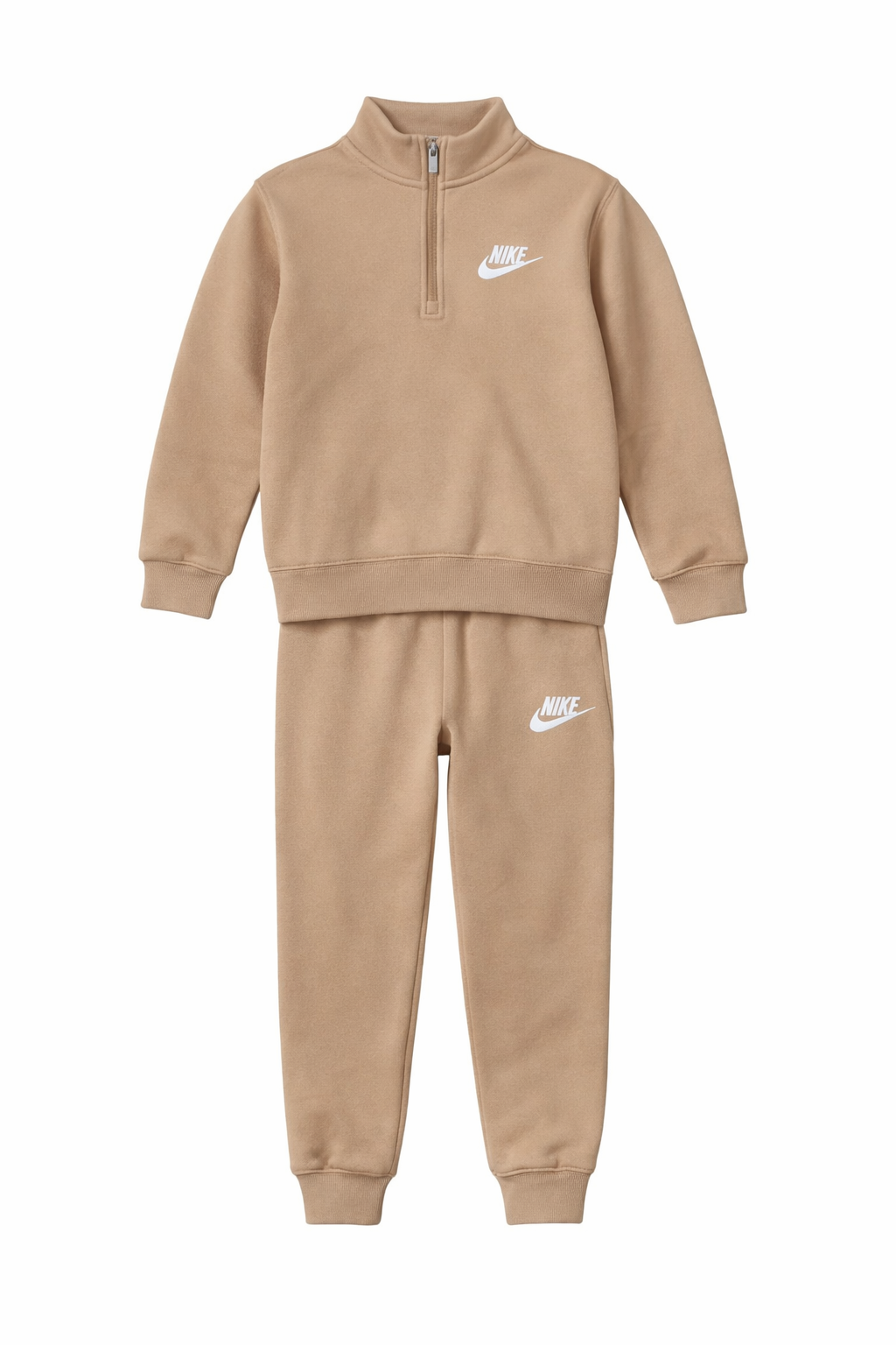 Set Trening Copii Nike Bej – Hanorac cu Fermoar Scurt și Pantaloni Joggers din Fleece Moale