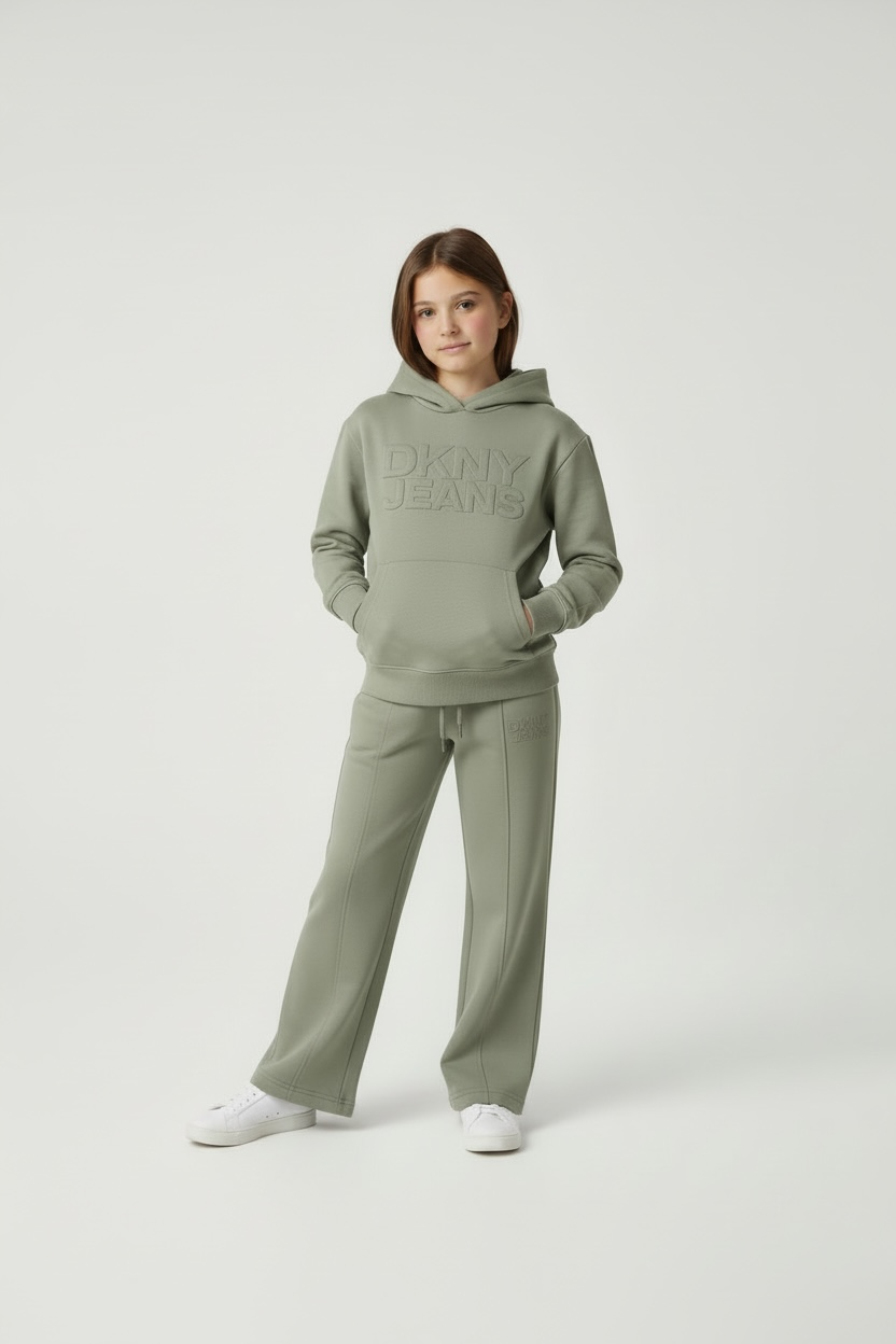 Set Trening Copii DKNY Jeans Verde Salvie – Hanorac cu Glugă și Logo Embosat