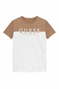 Tricou Copii Guess Los Angeles – Tricou cu Design Color-Block Alb-Maro și Logo Brodat