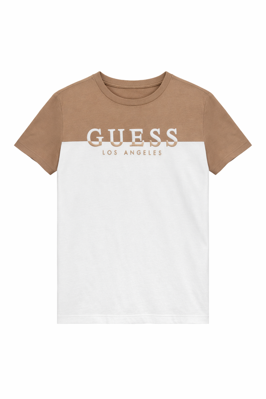 Tricou Copii Guess Los Angeles – Tricou cu Design Color-Block Alb-Maro și Logo Brodat