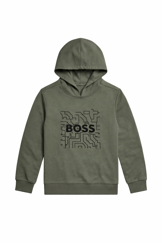 Hanorac Copii BOSS Green – Bluză cu Glugă din Bumbac cu Logo Cyber-Graphic și Stil Urban