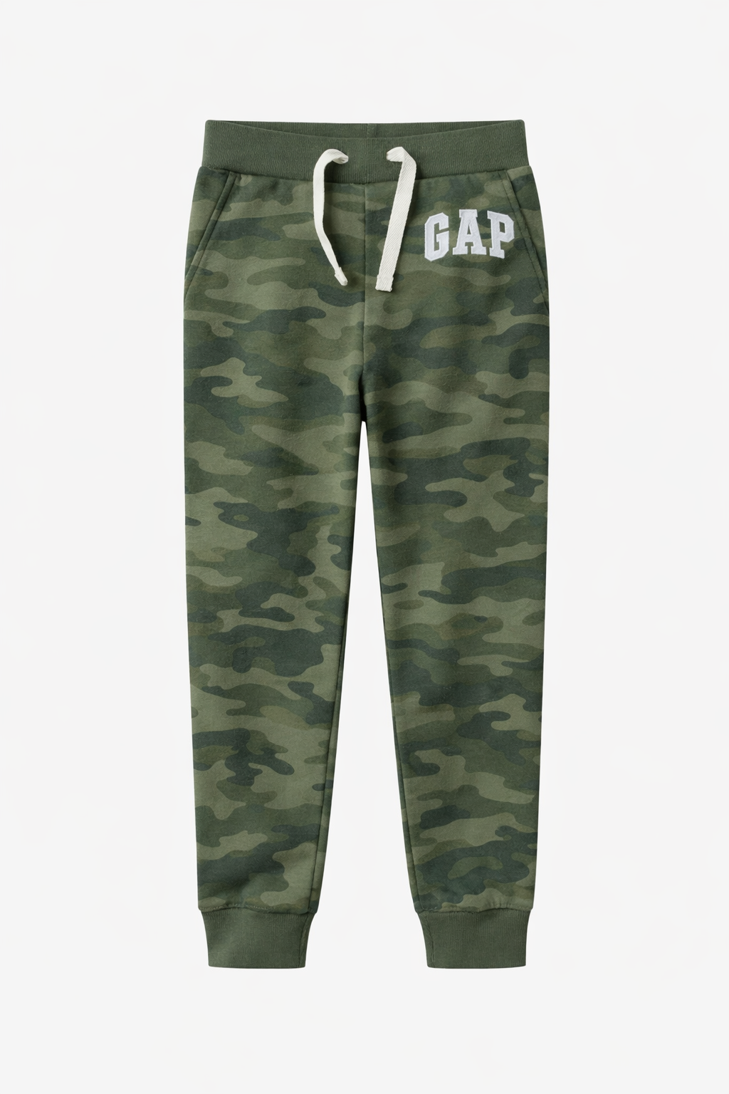 Pantaloni Trening Copii GAP Camuflaj – Pantaloni Sport cu Imprimeu Militar și Logo Alb