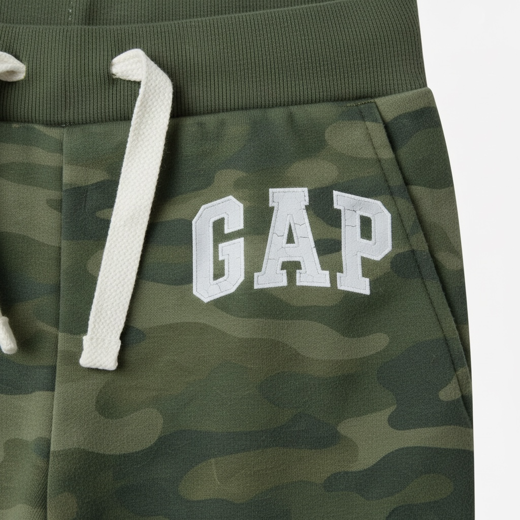 Pantaloni Trening Copii GAP Camuflaj – Pantaloni Sport cu Imprimeu Militar și Logo Alb