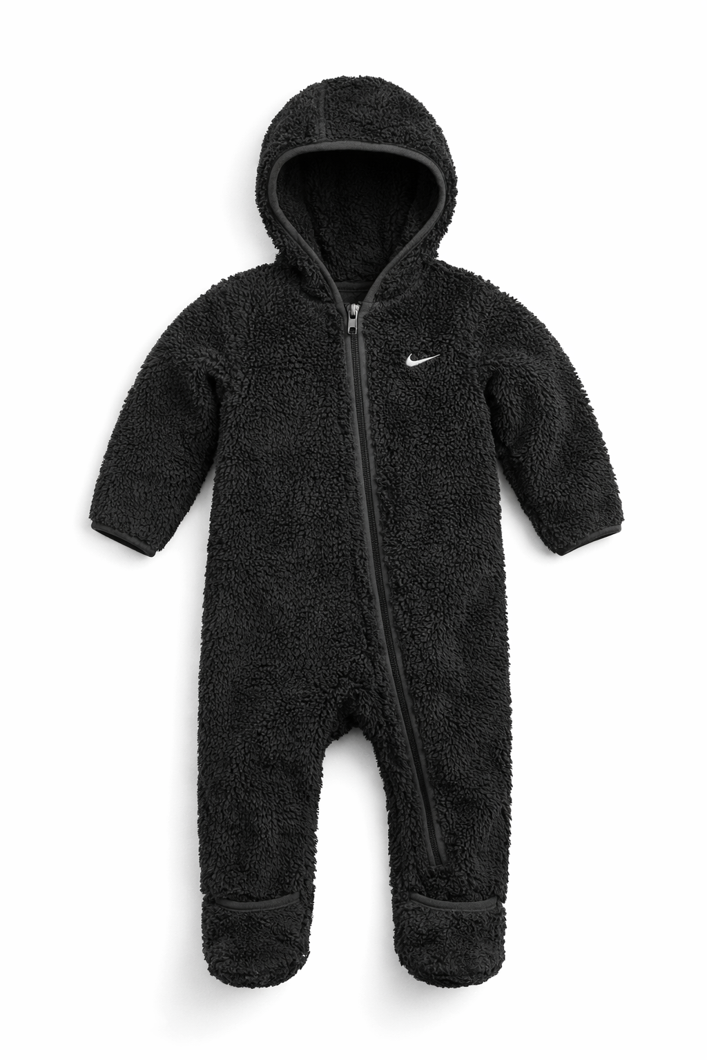 Combinezon plușat Nike bebeluși, model "Ursuleț" cu glugă, negru