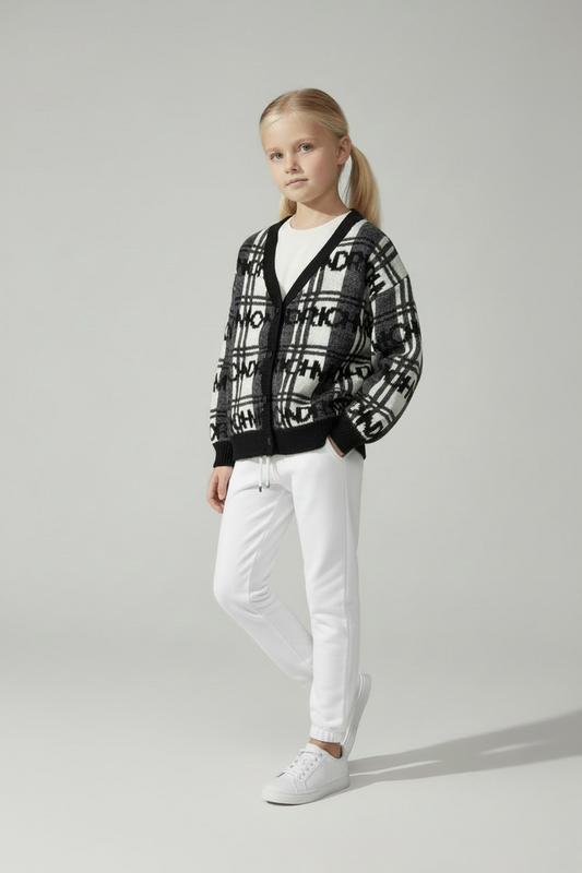 Cardigan Fetițe John Richmond – Imprimeu Carouri și Logo All-over – Stil Rock-Chic Premium