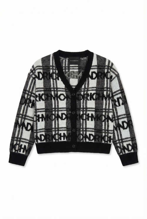 Cardigan Fetițe John Richmond – Imprimeu Carouri și Logo All-over – Stil Rock-Chic Premium