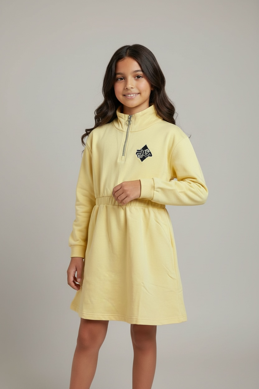 Rochie Tip Hanorac Fila Fete - Galben Pastel, Guler cu Fermoar