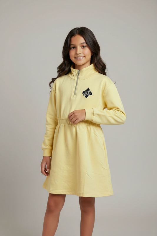 Rochie Tip Hanorac Fila Fete - Galben Pastel, Guler cu Fermoar