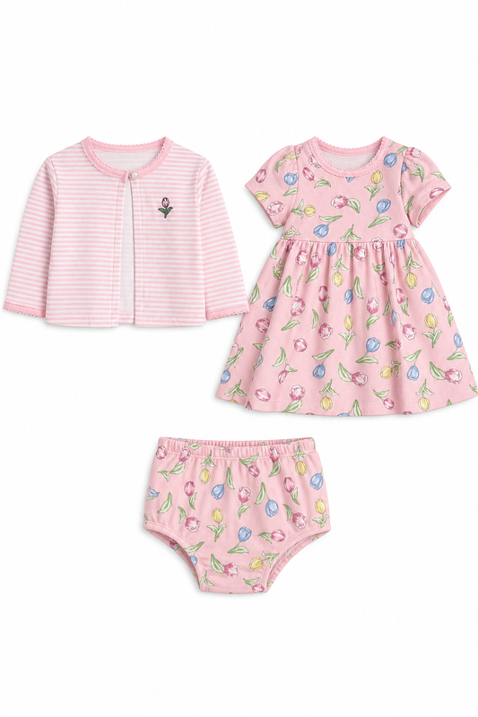 Set Little Me 3 piese roz cu elemente florale