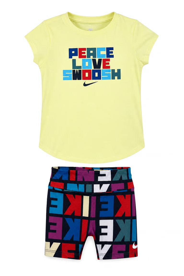 Set Nike cu colanti tricou si pantaloni scurti imprimeu all over