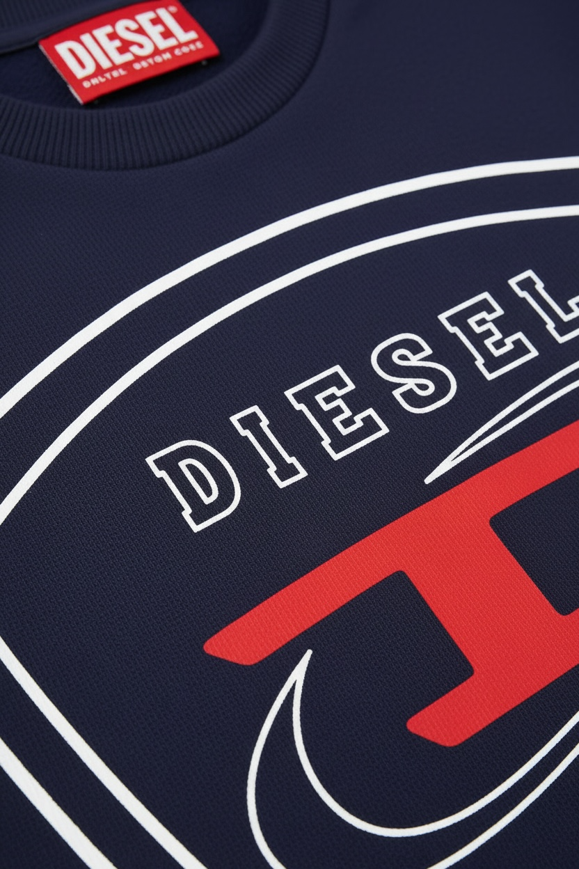 Pulover Diesel bleumarin cu logo imprimat central