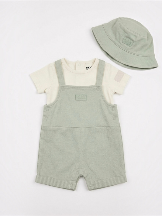 Set 3 piese DKNY cu salopetă, body și pălărie verde mentă