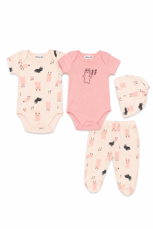 Set Sterling Baby cu imprimeu animalute crem si roz