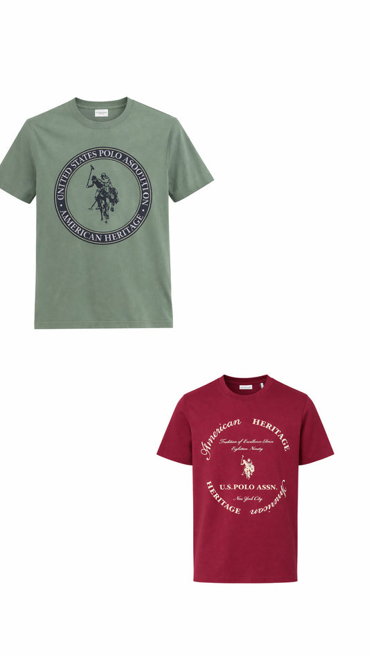 Set 2 tricouri U.S. Polo Assn. - verde kaki si burgundy cu logo central circular