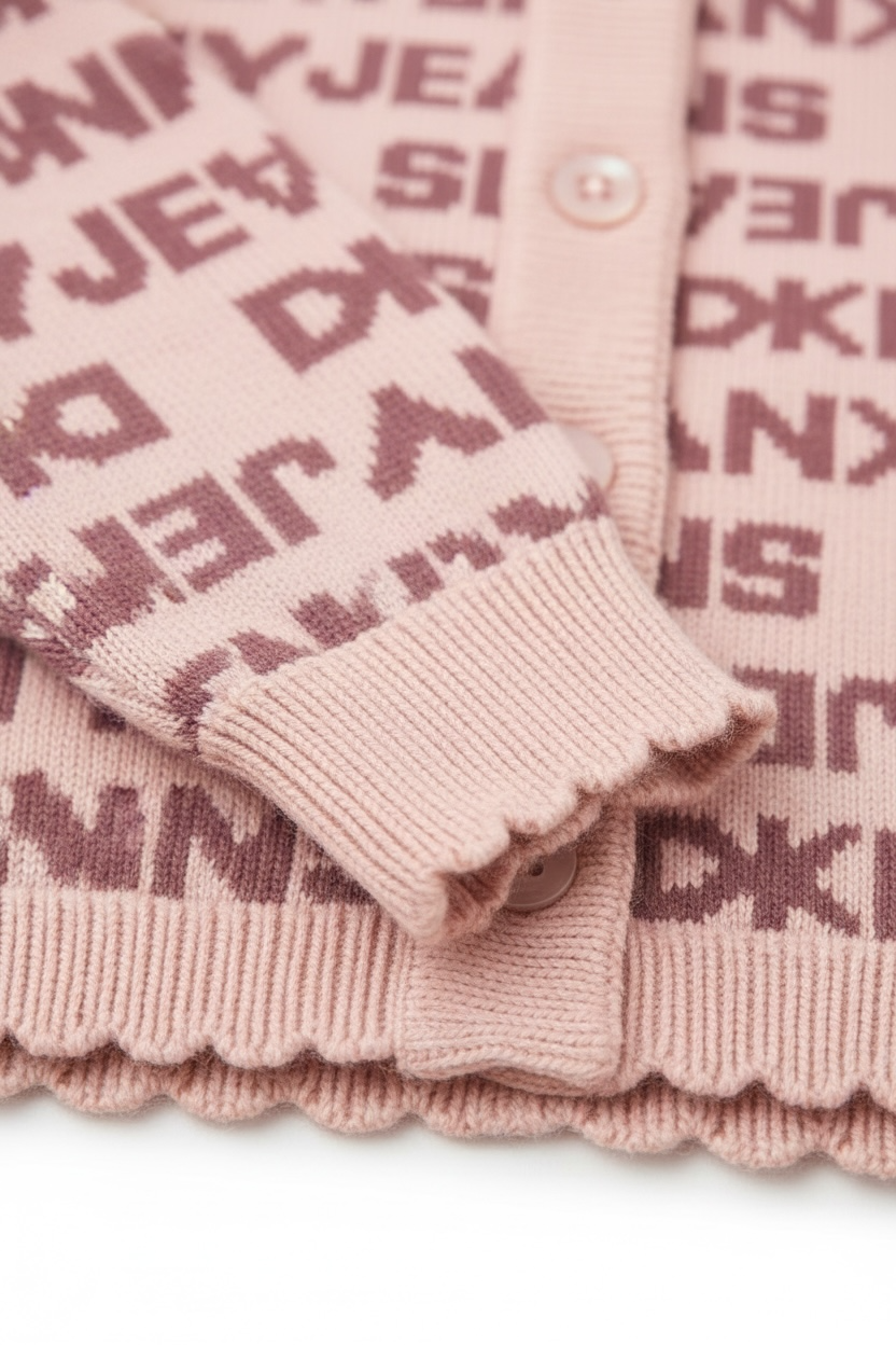 Set 2 piese fetite DKNY cu logo all over roz- cardigan si pantaloni