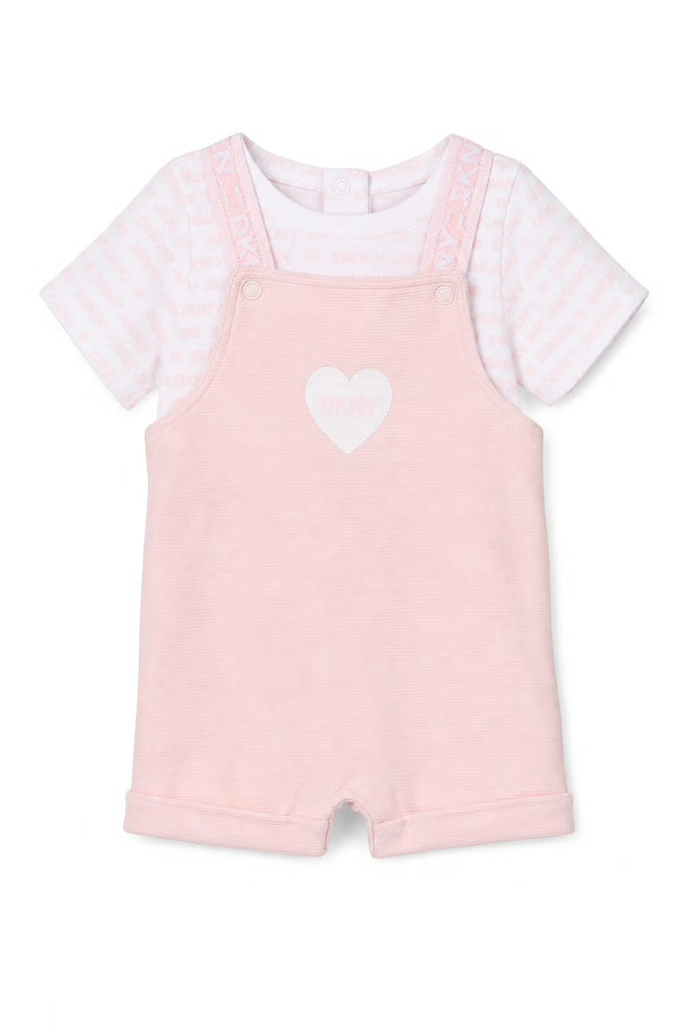 Set 2 piese DKNY salopeta si tricou roz si alb