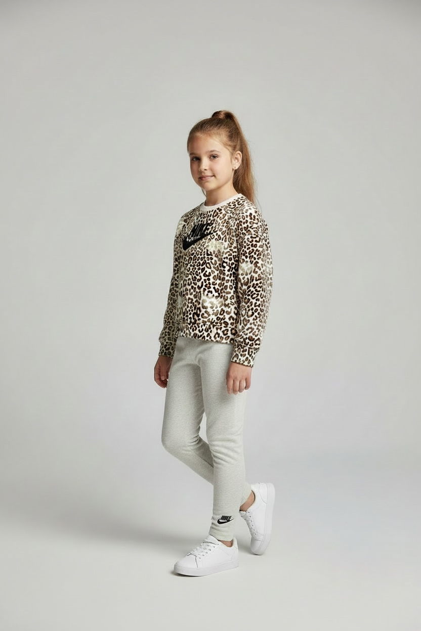 Set 2 piese Nike fetite - bluza imprimeu leopard si colanti bej