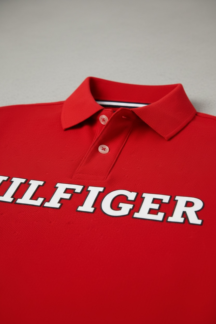Tricou tip polo Tommy Hilfiger rosu cu logo central brodat