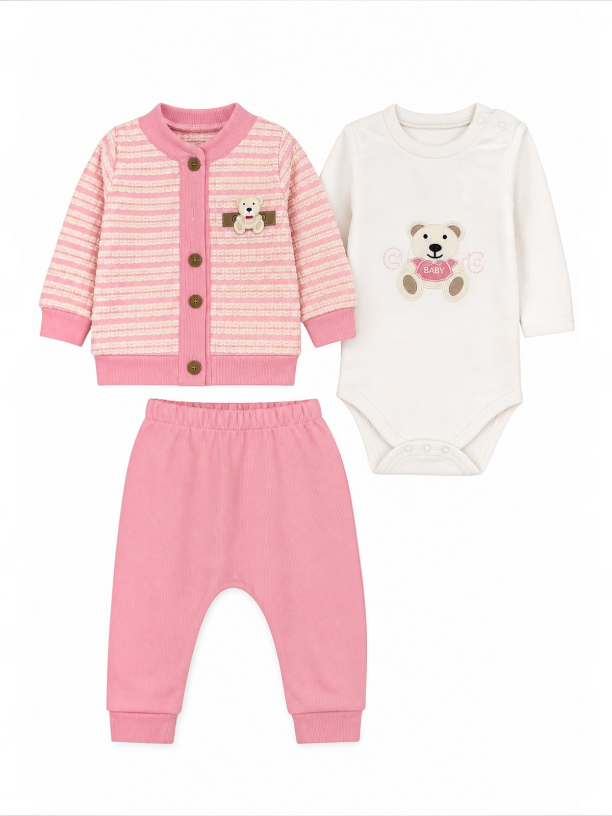 Set 3 piese pentru fetițe: Jacheta stil tweed cu ursuleț, Body și Pantaloni roz