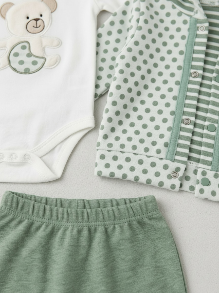 Set 3 Piese Bebeluși – Body cu element urs pufos, Jachetă cu Glugă, Pantaloni Verde mentă