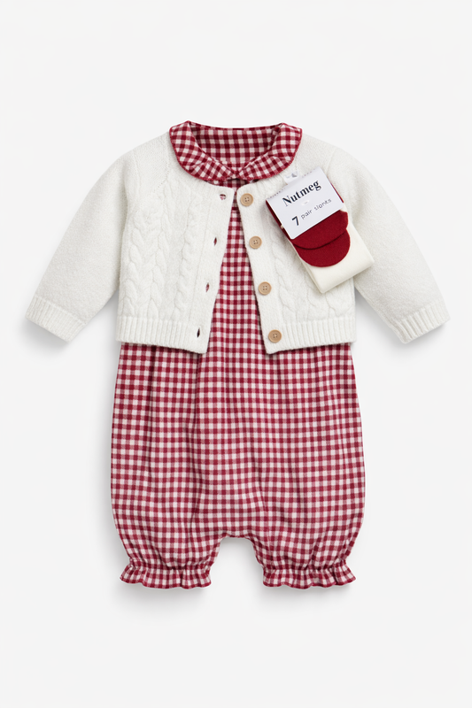 Set 3 piese Nutmeg - salopeta cu carouri rosie cu cardigan si dres