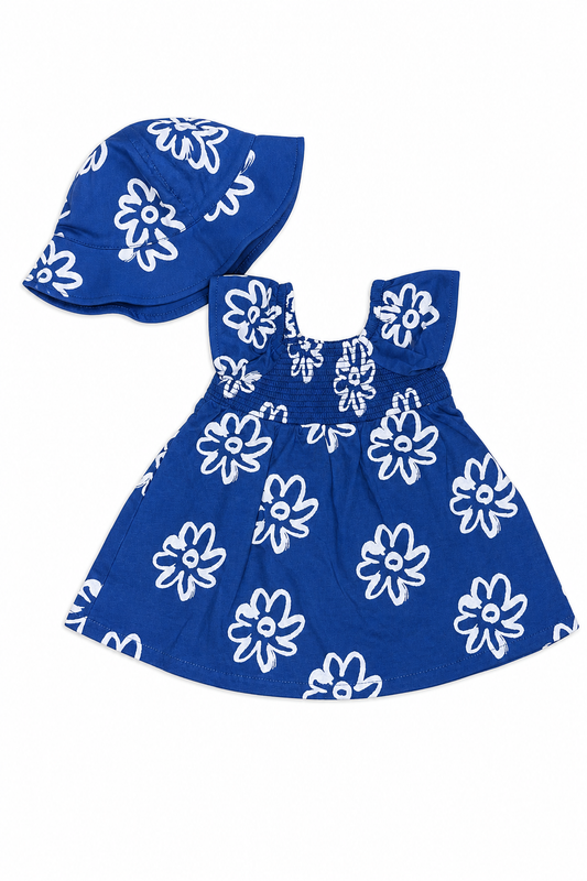 Set fete rochie albastră cu flori si palarie